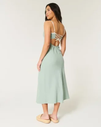 Rochie midi din amestec de in, cu spate decupat
