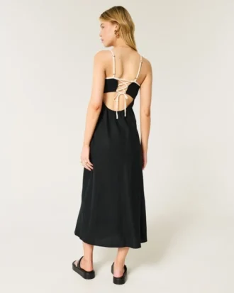 Rochie midi din amestec de in, cu spate decupat