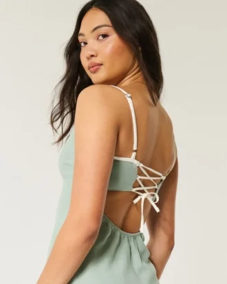 Rochie midi din amestec de in, cu spate decupat