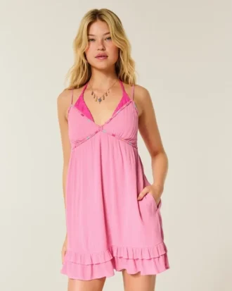 Rochie mini babydoll cu bordură din frânghie