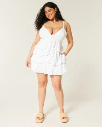 Rochie mini babydoll cu decolteu în V și volane