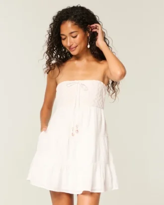 Rochie mini babydoll fără bretele, cu corset în stil croșetat