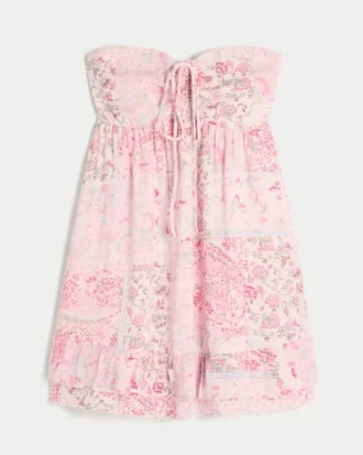 Rochie mini babydoll fără bretele, cu volane