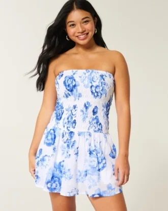 Rochie mini fără bretele, cu corset smocuit