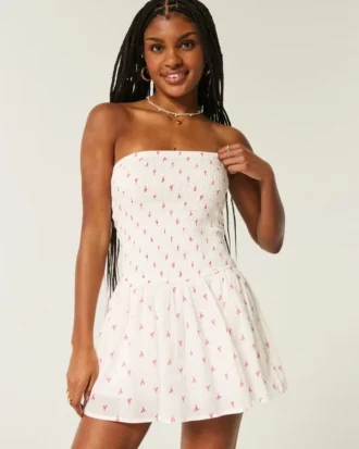 Rochie mini fără bretele, cu corset smocuit