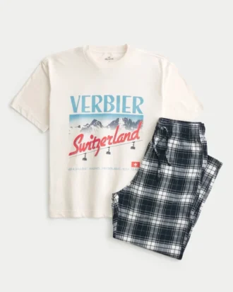 Set tricou cu imprimeu elvețian și pantaloni de pijama din flanel