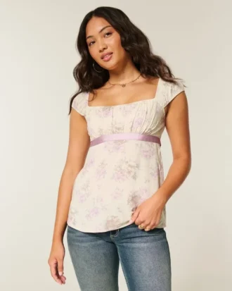 Top babydoll din satin cu fundă