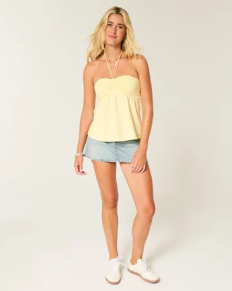 Top babydoll fără bretele, strâns în talie