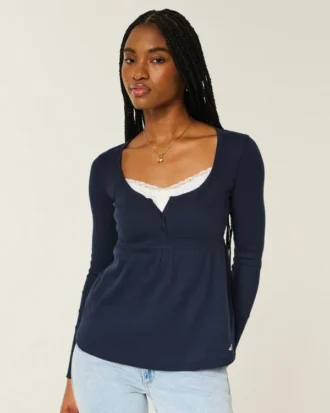 Top babydoll Henley cu legături în spate