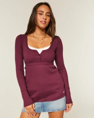 Top babydoll Henley cu legături în spate