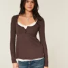 Top babydoll Henley cu legături în spate Top babydoll Henley cu legături în spate