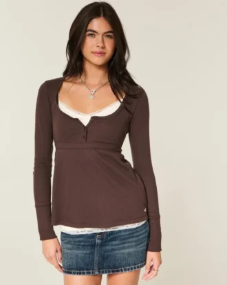 Top babydoll Henley cu legături în spate