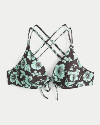 Top de bikini cu bretele și model floral, cu sârmă