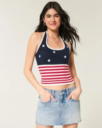 Top halter croșetat cu model steag american