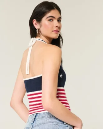 Top halter croșetat cu model steag american
