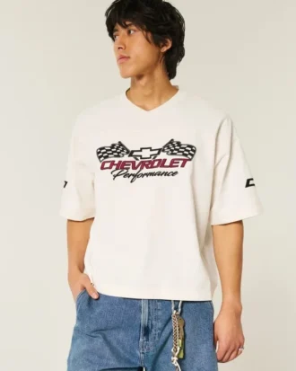 Tricou baggy, greu, scurt, cu imprimeu Chevrolet
