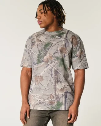 Tricou boxy din material gros, cu imprimeu camuflaj