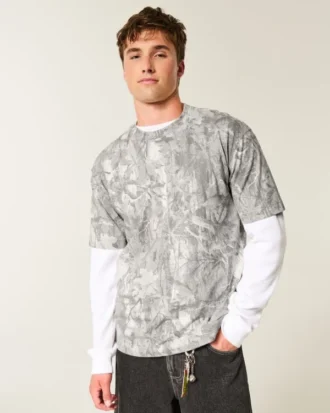 Tricou boxy din material gros, cu imprimeu camuflaj