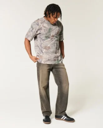Tricou boxy din material gros, cu imprimeu camuflaj