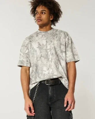 Tricou boxy heavyweight crop camo cu guler rotund