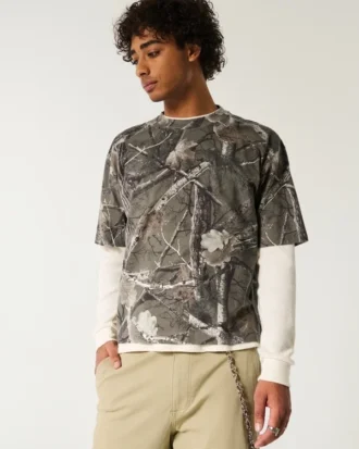 Tricou boxy heavyweight crop camo cu guler rotund