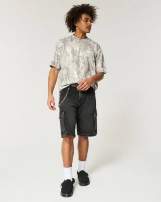 Tricou boxy heavyweight crop camo cu guler rotund