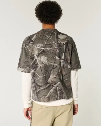Tricou boxy heavyweight crop camo cu guler rotund
