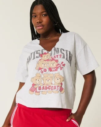 Tricou cu decolteu în V și imprimeu Easy Wisconsin Badgers