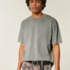 Tricou cu guler rotund din bumbac spălat, gros, croi drept Tricou cu guler rotund din bumbac spălat, gros, croi drept