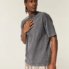 Tricou cu guler rotund din bumbac spălat, gros, croi drept Tricou cu guler rotund din bumbac spălat, gros, croi drept