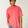 Tricou cu guler rotund din bumbac spălat, gros, croi drept Tricou cu guler rotund din bumbac spălat, gros, croi drept