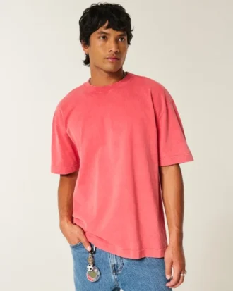 Tricou cu guler rotund din bumbac spălat, gros, croi drept