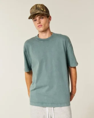 Tricou cu guler rotund din bumbac spălat, gros, croi drept