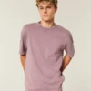 Tricou cu guler rotund din bumbac spălat, gros, croi drept Tricou cu guler rotund din bumbac spălat, gros, croi drept
