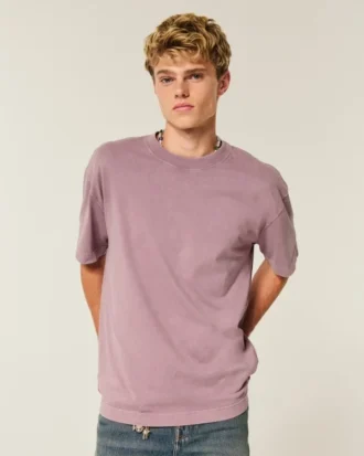 Tricou cu guler rotund din bumbac spălat, gros, croi drept