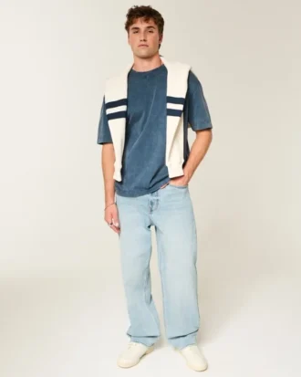 Tricou cu guler rotund din bumbac spălat, gros, croi drept