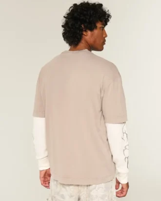 Tricou cu guler rotund din bumbac spălat, gros, croi drept