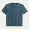 Tricou cu guler rotund din bumbac spălat, gros, croi drept Tricou cu guler rotund din bumbac spălat, gros, croi drept
