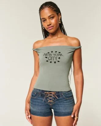 Tricou cu imprimeu New York City, cu umeri decupați