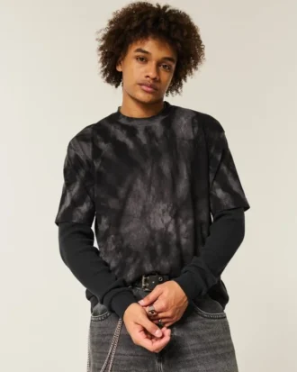 Tricou din bumbac gros, cu guler rotund, vopsit în stil tie-dye