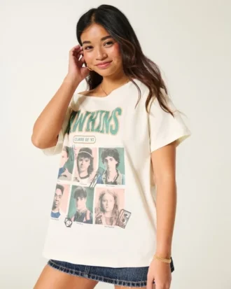 Tricou oversized cu umeri decupați și imprimeu Stranger Things
