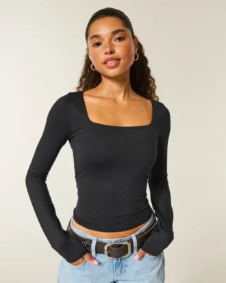 Tricou pentru bebeluși cu mâneci lungi, fără cusături, cu guler pătrat