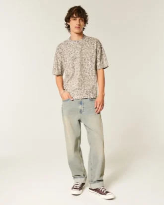 Tricou scurt, croit drept, cu imprimeu leopard, din material gros